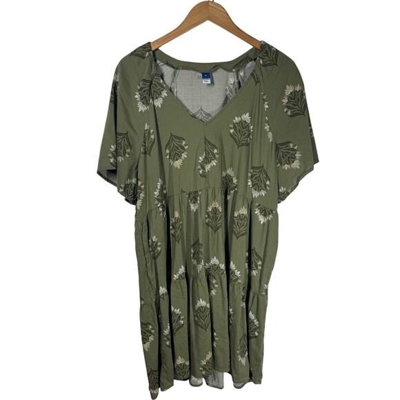 Old Navy Plus Size Dress Women XL Green Floral Pocket Spring Peasant Tiered - Picture 1 of 8